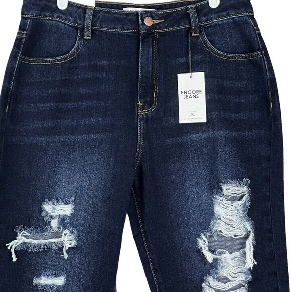 Encore Jeans Women Destroyed Dark Blue Denim Jeans Size 9 High Rise Straight NWT - Picture 4 of 14